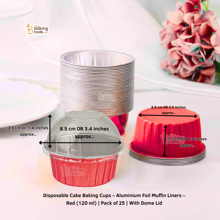 Disposable Cake Baking Cups – Aluminium Foil Muffin Liners – Red (120 ml) Pack of 25 With Dome Lid